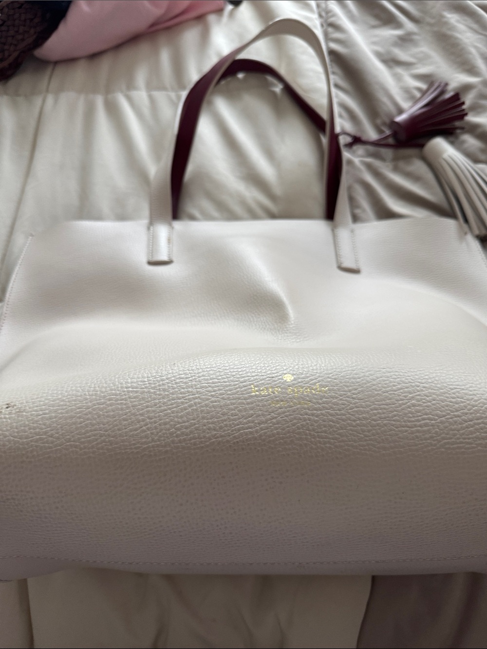 kate spade Cream & Burgundy Leather Tote Bag